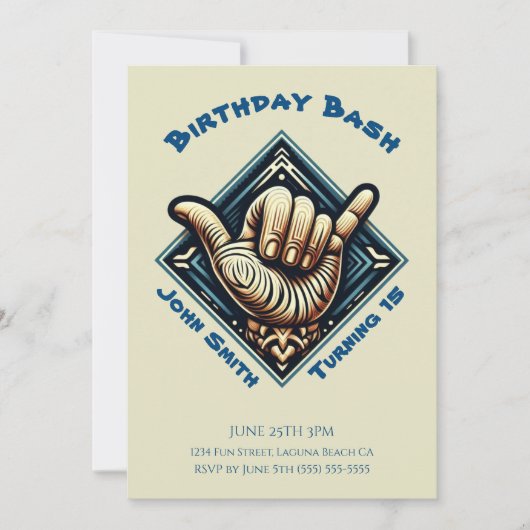 Geburtstagsparty- Surfer Hand Symbol- Einladung (Vorderseite)