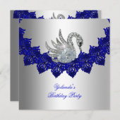 Geburtstagsparty Swan Blue Silver Einladung (Vorne/Hinten)