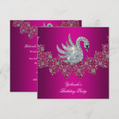Geburtstagsparty Swan rosa Floral Black Einladung (Vorne/Hinten)