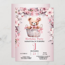 Geburtstagsparty Teddy Bear Baby Girl Pink Blume Einladung