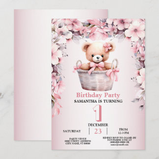 Geburtstagsparty Teddy Bear Baby Girl Pink Blume Einladung