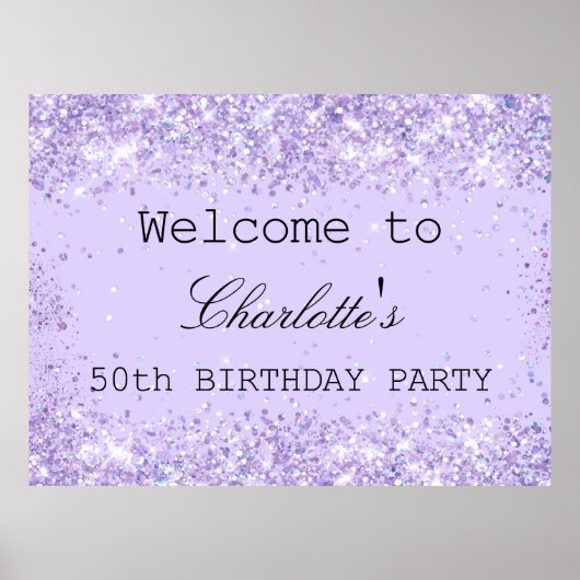 Geburtstagsparty Violett Lavendel Glitzer Name Poster (Vorne)