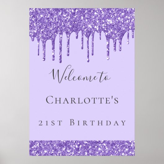 Geburtstagsparty Violett Lavendel Glitzer Name Poster (Vorne)