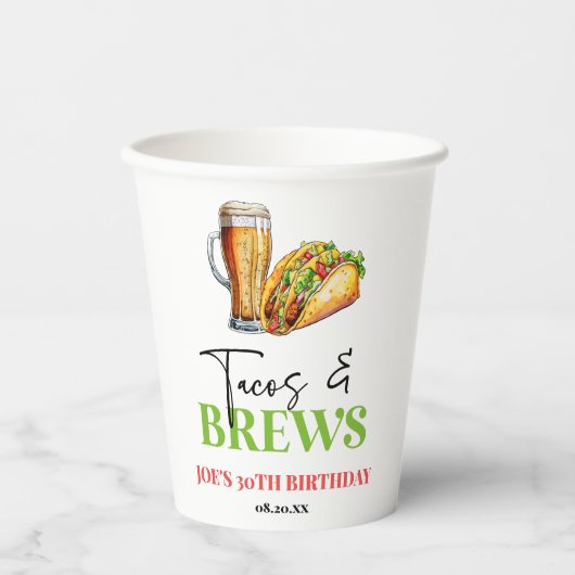 Geburtstagsparty von Tacos und Brauereiglas Pappbecher (Vorderseite)