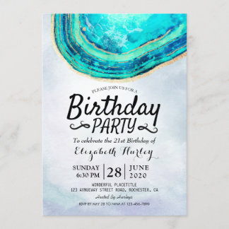 Geburtstagsparty Watercolor Aquamarin & Gold Agate Einladung