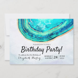 Geburtstagsparty Watercolor Aquamarin & Gold Agate Einladung