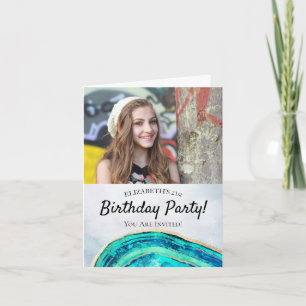 Geburtstagsparty Watercolor Aquamarin & Gold Agate Einladung