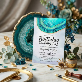 Geburtstagsparty Watercolor Aquamarin & Gold Agate Einladung