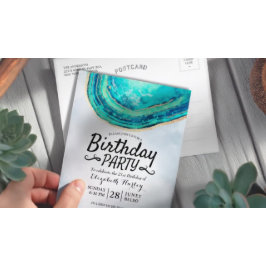 Geburtstagsparty Watercolor Aquamarin & Gold Agate Einladungspostkarte