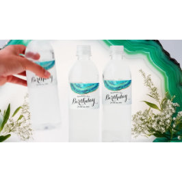 Geburtstagsparty Watercolor Aquamarin & Gold Agate Wasserflaschenetikett