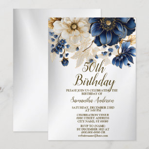 Geburtstagsparty Watercolor Navy Blue White Blume Einladung