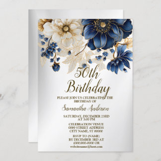 Geburtstagsparty Watercolor Navy Blue White Blume Einladung