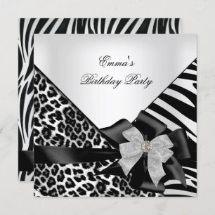 Geburtstagsparty Zebra Leopard Elegante Schwarz-we Einladung