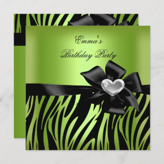 Geburtstagsparty Zebra Silver Lime Green Black Einladung