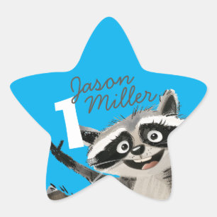 Geburtstagsparty zum Thema Racoon für das Baby im Stern-Aufkleber