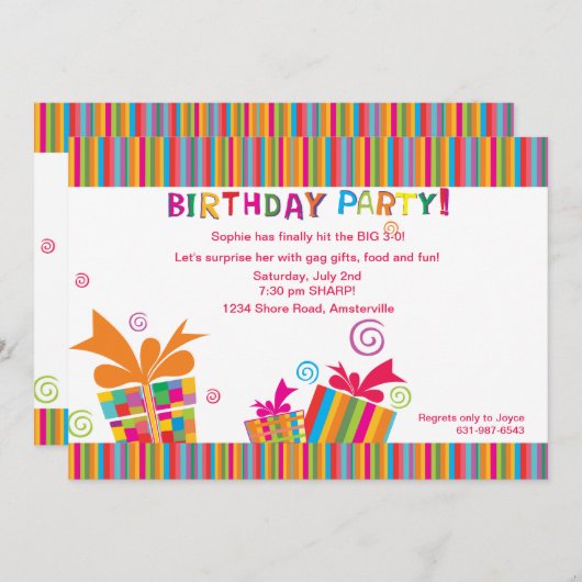 Geburtstagspartystreifen Einladung (Vorne/Hinten)