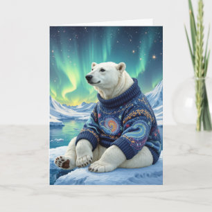 Geburtstagspolarbär sitzt unter dem Nordlicht Karte