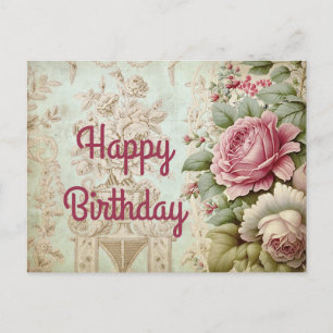 Geburtstagspostkarte mit Vintage-Rosen in Rosa Postkarte