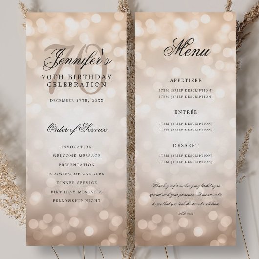 Geburtstagsprogramm Rose Gold Bokeh Menü Einladung