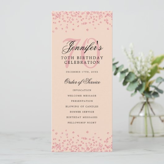 Geburtstagsprogramm Rose Gold Confetti Blush Einladung (Stehend Vorderseite)