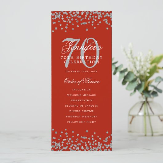 Geburtstagsprogramm Silver Confetti Red Einladung (Stehend Vorderseite)