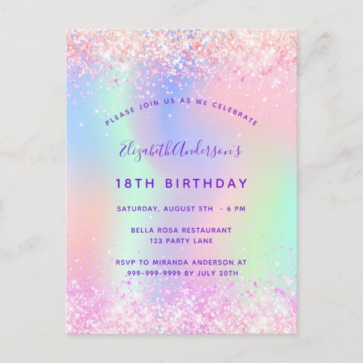 Geburtstagsrosa lila holografische einladungspostkarte (Vorderseite)