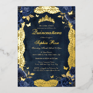 Geburtstagsrose Spitze Schmetterling Gold Navy Qui Folieneinladung