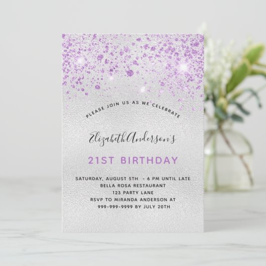 Geburtstagssilber lila Glitzer Einladung (Stehend Vorderseite)
