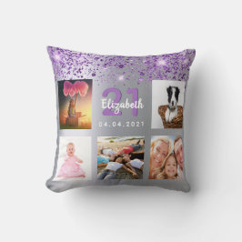 Geburtstagssilber lila Glitzer Foto Collage Name Kissen