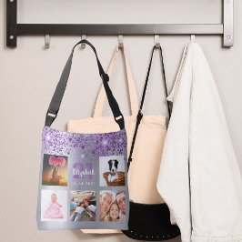 Geburtstagssilber lila Glitzer Foto Collage Name Tragetaschen Mit Langen Trägern