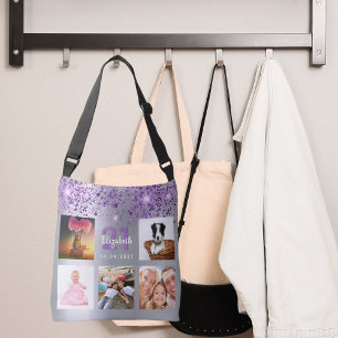 Geburtstagssilber lila Glitzer Foto Collage Name Tragetaschen Mit Langen Trägern