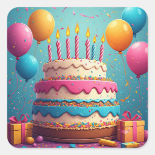 🎂 Geburtstagstorte mit Geschenken und Ballons Quadratischer Aufkleber