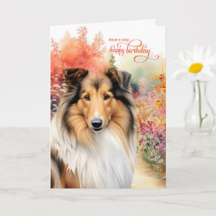 Geburtstagswünsche für Collie-Hund im Blumen Garte Karte