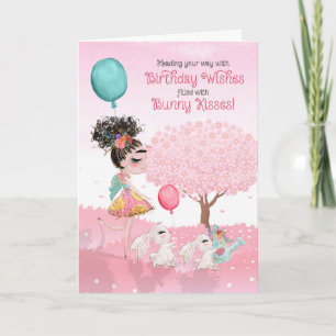 Geburtstagswünsche für rosa Mädchen und Hasenküsse Karte