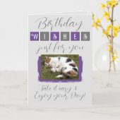 Geburtstagswünsche hinzufügen Katzengrau Foto lila Karte (Gelbe Blume)