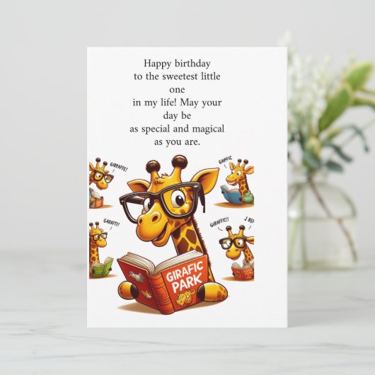 Geburtswunschkarte mit girafee-Lesebuch Einladung (Stehend Vorderseite)
