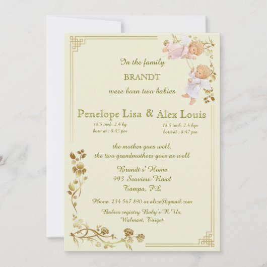 Geburtszwillingsankündigung Ankündigung (Vorderseite)