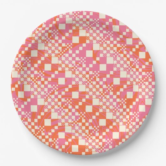 Gecheckt, Karos - Rosa, Orange und Creme Pappteller (Vorderseite)