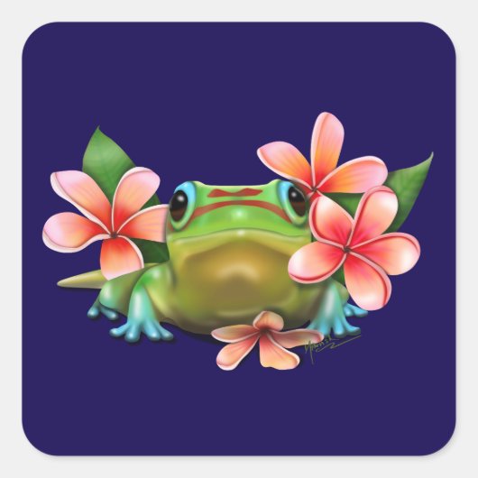 Gecko in der Plumeria Quadratischer Aufkleber (Vorderseite)