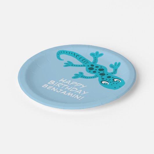 Gecko Lizard Blue Individuelle Name Kindergeburtst Pappteller (Schrägansicht)