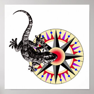 Gecko Lizard & Compass Rose Poster