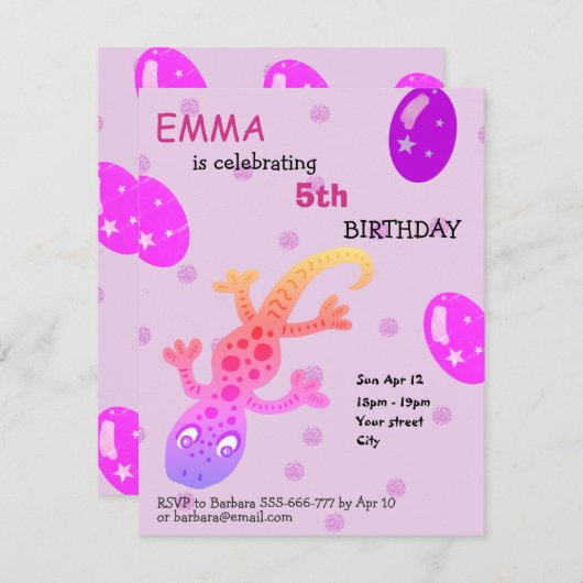 Gecko Lizard Kindergeburtstag Party Card Einladung (Vorne/Hinten)