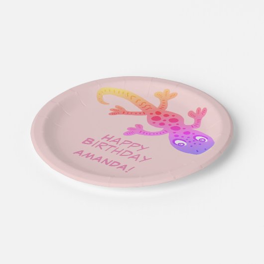 Gecko Lizard Rainbow Individuelle Name Kindergebur Pappteller (Schrägansicht)