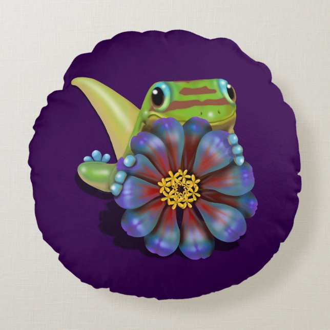 Gecko mit Zinnia-Blume Rundes Kissen (Vorderseite)