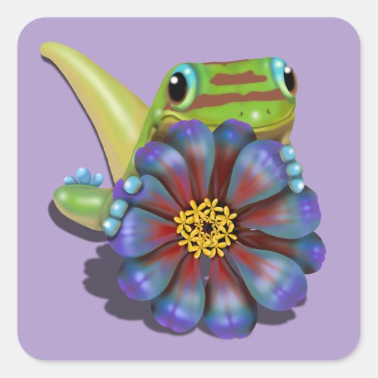 Gecko mit Zinnia Quadratischer Aufkleber (Vorderseite)