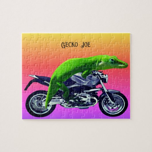 Gecko Motorrad-Fahrer rosa Horizont Name 8x10 hinz Puzzle (Horizontal)