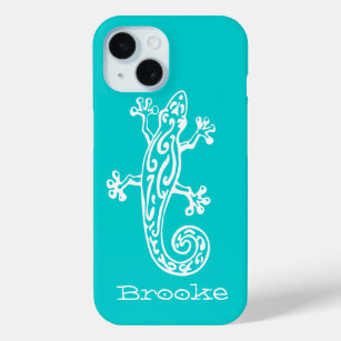 Gecko reptile white & aqua name iPhone 15 hülle