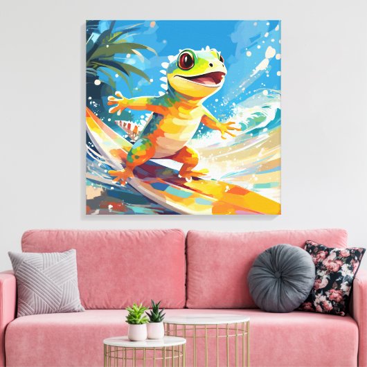 Gecko surfen und die Wellen reiten Leinwanddruck (Insitu (Wohnzimmer))