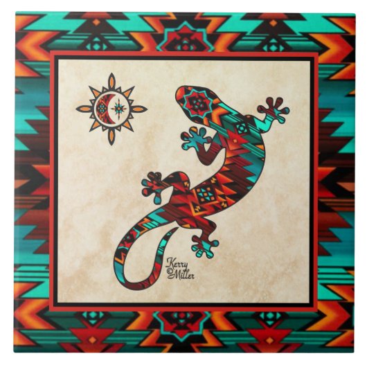Gecko und Sun Keramik Tile Fliese (Vorderseite)