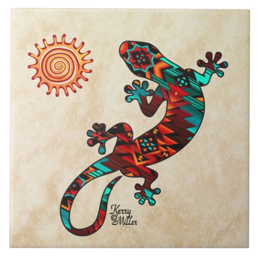 Gecko und Sun Keramik Tile Fliese (Vorderseite)